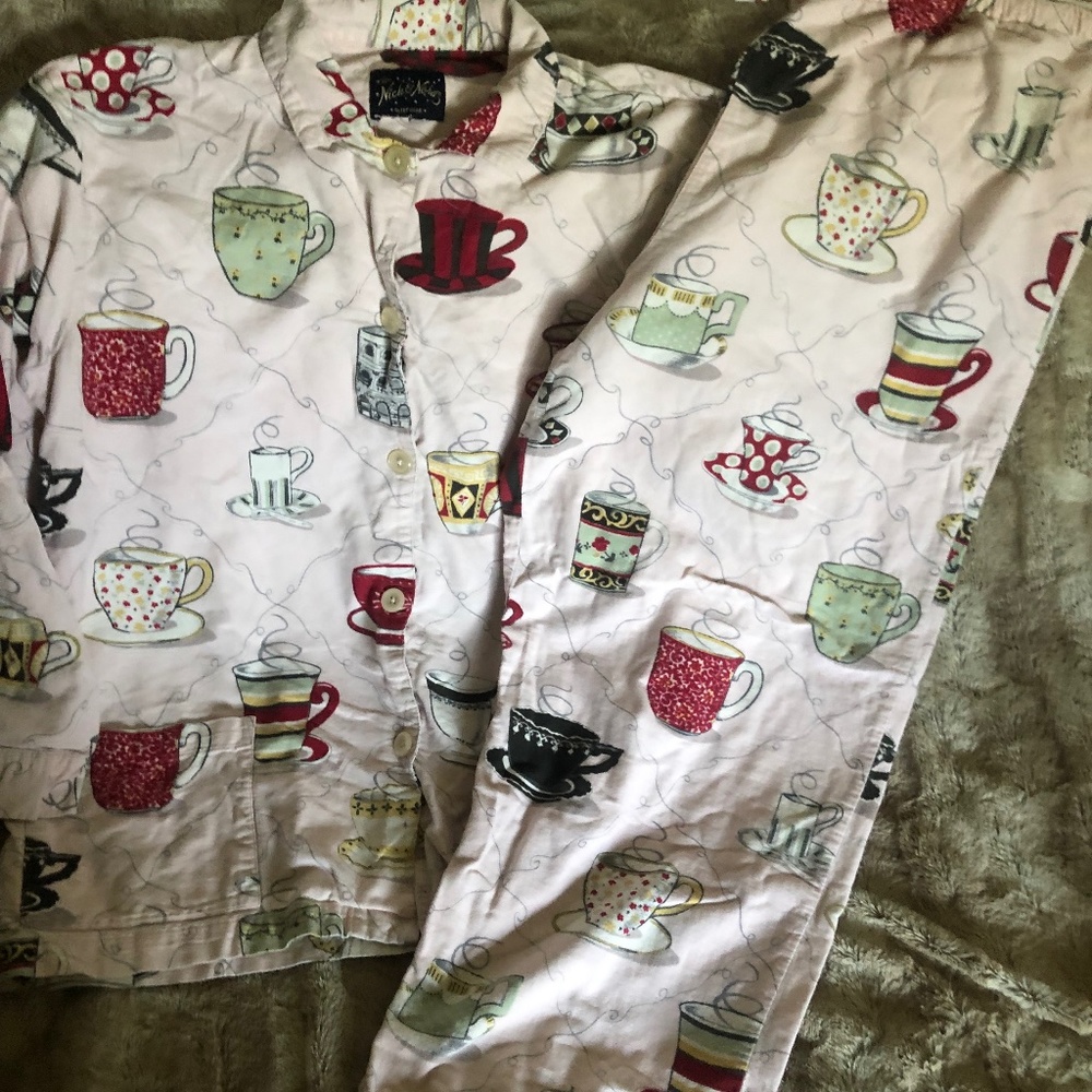 *VERY RARE* DARK LABEL NICK&NORA TEA/COFFEE PJS, SZ L, FLANNEL, GUC-NO FLAWS